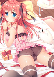 Rule 34 | 1girl, :t, ass, bare shoulders, bed, black bow, black panties, black ribbon, black thighhighs, blue eyes, blush, bow, box, cameltoe, closed mouth, collarbone, commentary request, fingernails, fujikura ryuune, gift, gift box, hair between eyes, hair bow, long hair, looking at viewer, looking back, lying, on bed, on stomach, original, panties, pillow, pout, red bow, red hair, ribbon, shoulder blades, solo, stuffed animal, stuffed seal, stuffed toy, table, thighhighs, two side up, underwear, v-shaped eyebrows, very long hair