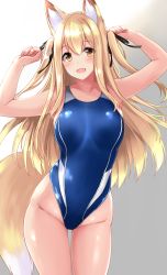 Rule 34 | 1girl, :d, animal ears, armpits, arms up, bare arms, bare shoulders, black ribbon, blonde hair, blue one-piece swimsuit, blush, breasts, collarbone, commentary request, competition swimsuit, cowboy shot, fox ears, fox girl, fox tail, gradient background, groin, hair ribbon, highres, large breasts, long hair, looking at viewer, one-piece swimsuit, open mouth, original, ribbon, smile, sogaya, solo, standing, swimsuit, tail, thighs, two side up, yellow eyes