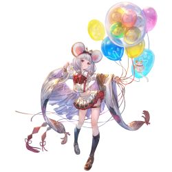 Rule 34 | animal ears, balloon, balloon animal, breasts, brooch, crop top, granblue fantasy, headband, heart, heart brooch, japanese clothes, jewelry, kimono, kneehighs, loafers, long sleeves, minaba hideo, miniskirt, mouse ears, official art, red eyes, shoes, silver hair, skirt, small breasts, socks, solo, stuffed animal, stuffed toy, transparent background, vikala (granblue fantasy)