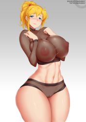 Rule 34 | 1girl, banpresto, blonde hair, blue eyes, breasts, cleft of venus, closed mouth, excellen browning, happy, high ponytail, huge breasts, impossible clothes, kainkout, looking at viewer, nipples, no bra, ponytail, see-through, smile, solo, super robot wars, super robot wars original generation, thick thighs, thighs, wide hips