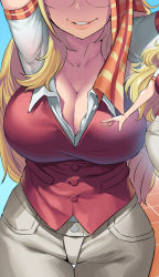 Rule 34 | 1girl, blonde hair, blush, boku no hero academia, breasts, cleavage, collarbone, collared shirt, curvy, highres, large breasts, long hair, melissa shield, obui, open mouth, pants, shirt, short sleeves, smile, solo, thick thighs, thigh gap, thighs, third-party edit, tight clothes, tight pants, vest, white shirt, wide hips