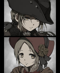 Rule 34 | 2girls, black headwear, bloodborne, bonnet, brown eyes, brown flower, close-up, closed mouth, commentary request, flower, frown, grey background, hair ribbon, hat, hat flower, highres, lady maria of the astral clocktower, long hair, looking at viewer, low ponytail, multiple girls, parted bangs, plain doll, ponytail, portrait, ribbon, rose, shimoda masaya, short hair, spoilers