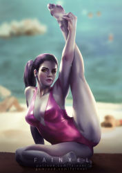 Rule 34 | 1girl, adapted costume, arm support, armpits, artist name, barefoot, beach, blurry, blurry background, breasts, colored skin, crotch, fainxel, feet, holding with feet, full body, hands on feet, highres, leg hold, leg up, leotard, lips, long hair, looking at viewer, medium breasts, nose, outdoors, overwatch, overwatch 1, pink leotard, ponytail, purple hair, purple lips, purple skin, realistic, shore, signature, sitting, soles, solo, toes, watermark, web address, widowmaker (overwatch), yellow eyes