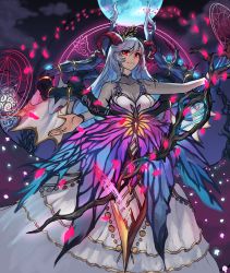 Rule 34 | 1girl, absurdres, blue hair, bodystocking, breasts, cleavage, cloud, curled horns, dress, fire emblem, fire emblem heroes, flower, freyja (fire emblem), full moon, goat horns, hair ornament, highres, horns, large breasts, long hair, looking at viewer, magic circle, moon, multicolored hair, n ah n, night, night sky, nintendo, petals, red eyes, red horns, sky, solo, thorns, white hair