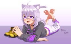 Rule 34 | 1girl, aisuman, animal ears, barefoot, blush, cat ears, cat tail, feet, highres, hololive, long hair, looking at viewer, lying, nekomata okayu, on stomach, open mouth, purple eyes, purple hair, shoes, soles, tail, the pose, toes, unworn shoes, virtual youtuber