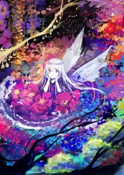 Rule 34 | 1girl, absurdres, axleaki, blush, branch, closed mouth, colorful, fairy, fairy wings, flower, grey eyes, hair between eyes, head rest, highres, long hair, looking at viewer, nature, no pupils, original, sidelocks, solo, tree, white hair, wings