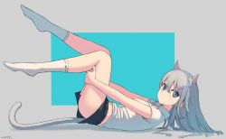 Rule 34 | 1girl, amekaze yukinatsu, animal ears, bad id, bad pixiv id, blue eyes, cat ears, cat girl, cat tail, closed mouth, commentary request, expressionless, female focus, from side, grey hair, hair between eyes, hair ornament, hairclip, highres, long hair, looking at viewer, midriff, navel, original, polo shirt, short shorts, shorts, simple background, socks, solo, tail, white socks