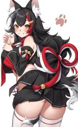 Rule 34 | 1girl, animal ear fluff, animal ears, ass, black hair, black shirt, black skirt, breasts, brown eyes, detached sleeves, hair between eyes, hashtag-only commentary, highres, hololive, large breasts, long hair, looking at viewer, low-tied long hair, midriff, multicolored hair, ookami mio, ookami mio (1st costume), paw print, red hair, shirt, simple background, skirt, sleeveless, sleeveless shirt, smile, solo, streaked hair, tail, tail around own leg, tarou (komekueyo), thick thighs, thighhighs, thighs, twisted torso, virtual youtuber, white background, white thighhighs, wolf ears, wolf girl, wolf tail