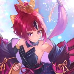 Rule 34 | 1girl, bare shoulders, benienma (fate), benienma alter (fate), blunt bangs, bow, cropped, detached collar, detached sleeves, fate/grand order, fate (series), fur collar, hair bow, highres, japanese clothes, kimono, knot, long hair, looking at viewer, obi, obijime, off shoulder, ponytail, radishkek, red eyes, red hair, sash, solo, yellow bow