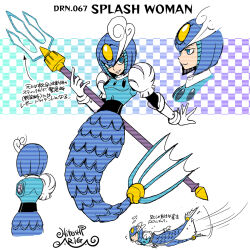 Rule 34 | 1girl, \||/, aqua background, aqua eyes, ariga hitoshi, armor, arrow (symbol), artist name, black sleeves, blue armor, breastplate, character name, character sheet, checkered background, commentary request, concept art, elbow gloves, fins, fish tail, floating, forehead jewel, from behind, full body, gloves, gradient background, helmet, highres, holding trident, humanoid robot, looking ahead, looking at viewer, mechanical tail, mega man (classic), mega man (series), mega man 9, mega man megamix, mermaid, monster girl, multiple views, no humans, outstretched arms, polearm, portrait, puffy short sleeves, puffy sleeves, purple background, ringed eyes, robot, scales, scanlines, short sleeves, signature, simple background, smile, solid oval eyes, splash woman, spread arms, swimming, tail, teeth, translation request, trident, turnaround, upper body, weapon, white background, white gloves, yellow gemstone
