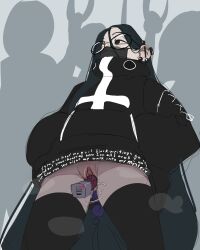 Rule 34 | 1girl, anal, anal object insertion, barbell piercing, black eyes, black hair, black hoodie, black nails, black thighhighs, blush, bottomless, clothes writing, commentary, cross, ear blush, ear piercing, earrings, english commentary, female masturbation, from below, glasses, goth fashion, hair behind ear, hands in pockets, highres, hood, hoodie, industrial piercing, inverted cross, jewelry, long hair, mask, masturbation, mouth mask, multiple earrings, nail polish, no panties, object insertion, original, oshii (suwafro), parted hair, piercing, public indecency, public masturbation, public vibrator, pussy, pussy juice, pussy juice trail, round eyewear, sex toy, silhouette, solo, stealth masturbation, steaming body, straight hair, suwafro, thighhighs, vaginal, vaginal object insertion, very long hair, vibrator
