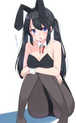 Rule 34 | 1girl, absurdres, animal ears, black hair, black leotard, blue eyes, breasts, detached collar, doorknoble, fake animal ears, fishnet pantyhose, fishnets, hairband, highres, leotard, original, pantyhose, playboy bunny, rabbit ears, simple background, solo, squatting, strapless, strapless leotard, tears, white background, wrist cuffs