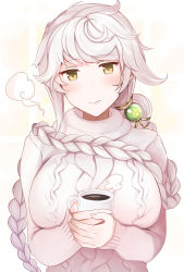 Rule 34 | 1girl, absurdres, alternate costume, asymmetrical bangs, blush, braid, braided ponytail, breasts, brown eyes, commentary request, cup, highres, holding, holding cup, kantai collection, large breasts, long hair, long sleeves, mug, simple background, single braid, smile, solo, steam, sweater, turtleneck, turtleneck sweater, unryuu (kancolle), upper body, very long hair, white hair, white sweater, yunamaro