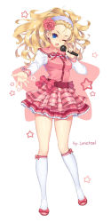Rule 34 | 1girl, alternate costume, artist name, blonde hair, blue eyes, bow, buttons, commentary, earrings, eyelashes, flower, frilled skirt, frills, full body, hair slicked back, hairband, holding, holding microphone, jewelry, kneehighs, loneteel, long hair, long sleeves, looking at viewer, microphone, miniskirt, music, noah (p&amp;d), one eye closed, open mouth, outstretched arm, palms, pink bow, pink flower, pink footwear, pink ribbon, pink rose, plaid, plaid skirt, puzzle &amp; dragons, reaching, ribbon, rose, sash, shoes, simple background, singing, skirt, sleeve cuffs, socks, solo, star (symbol), white background, white socks