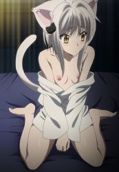 Rule 34 | 10s, 1girl, animal ears, barefoot, blush, breasts, cat ears, cat tail, feet, high school dxd, highres, long hair, nipples, small breasts, solo, stitched, tail, third-party edit, toujou koneko, white hair, yellow eyes