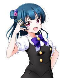 Rule 34 | 1girl, :d, arm up, black skirt, black vest, blue hair, bow, breasts, collared shirt, hair bun, hair ornament, hairclip, highres, kuena, long hair, looking at viewer, love live!, love live! sunshine!!, open mouth, puffy short sleeves, puffy sleeves, purple bow, red eyes, shirt, short sleeves, side bun, simple background, single hair bun, single side bun, skirt, skirt set, small breasts, smile, solo, tsushima yoshiko, vest, white background, white shirt, x hair ornament