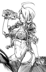 Rule 34 | 1girl, ahoge, angel (kof), chaps, crop top, drinking, drooling, fingerless gloves, gloves, greyscale, jacket, midriff, monochrome, motor vehicle, motorcycle, navel, short hair, snk, solo, the king of fighters, vehicle