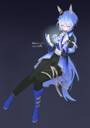 Rule 34 | 1girl, animal ears, asymmetrical footwear, black background, black jacket, black pants, blue footwear, blue hair, boots, closed eyes, dated, ear covers, from above, full body, highres, horse ears, horse girl, horse tail, jacket, k.s.miracle (umamusume), knee boots, long sleeves, mismatched footwear, pants, saramiao-chan, short hair, simple background, single knee boot, smile, solo, tail, umamusume