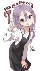 Rule 34 | 1girl, absurdres, black dress, braid, brown eyes, clenched teeth, commentary request, dress, hair between eyes, highres, long hair, long sleeves, looking at viewer, purple hair, shirt, shirt under dress, simple background, single braid, sleeveless, sleeveless dress, smile, solo, soredemo ayumu wa yosetekuru, teeth, white background, white shirt, yamamoto souichirou, yaotome urushi