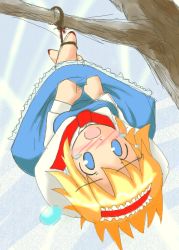 Rule 34 | 1girl, alice margatroid, bdsm, blonde hair, bondage, bound, dress, female focus, hairband, hourai doll, solo, suspension, tears, tied up (nonsexual), touhou, upside-down