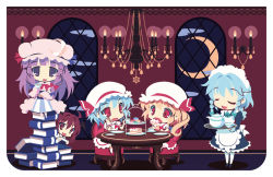 Rule 34 | 5girls, :d, ahoge, apron, bat wings, blonde hair, blue bow, blue dress, blue hair, blunt bangs, book, book stack, border, bow, braid, cake, candle, carpet, chair, chandelier, chibi, closed eyes, cloud, comiket 93, commentary request, crescent, crescent hat ornament, crescent moon, cup, dress, eating, embodiment of scarlet devil, fang, flandre scarlet, food, frilled dress, frills, full body, hair ribbon, hat, hat bow, hat ornament, head wings, hime cut, holding, holding book, holding cup, holding tray, indoors, izayoi sakuya, koakuma, long hair, looking at viewer, lumine (2339), macaron, maid, maid headdress, mob cap, moon, multiple girls, night, night sky, no nose, open mouth, patchouli knowledge, peeking out, plate, purple eyes, purple hair, red bow, red eyes, red hair, red skirt, red vest, remilia scarlet, ribbon, shirt, short hair, side ponytail, sidelocks, sitting, sitting on books, skin fang, skirt, skirt set, sky, smile, standing, striped clothes, striped dress, table, teacup, teapot, touhou, tray, tress ribbon, twin braids, vertical-striped clothes, vertical-striped dress, very long hair, vest, waist apron, white border, white shirt, window, wings