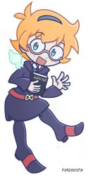 Rule 34 | 1girl, artist name, belt, blue eyes, book, commentary, english commentary, freckles, full body, furiousth, glasses, hairband, little witch academia, looking at viewer, lotte jansson, luna nova school uniform, open mouth, orange hair, parody, puyopuyo, red belt, school uniform, short hair, smile, solo, spirit, style parody, transparent background, watermark, waving, wide sleeves