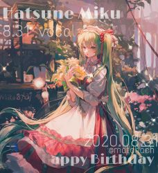 Rule 34 | 1girl, bad id, bad twitter id, character name, dated, dress, feet out of frame, flower, flower shop, green eyes, green hair, hair over shoulder, hair ribbon, hairband, hatsune miku, highres, holding, holding flower, long dress, long hair, long skirt, maccha (mochancc), plant, potted plant, red dress, red ribbon, ribbon, shop, skirt, sleeves past elbows, solo, standing, twintails, very long hair, vocaloid, yellow flower