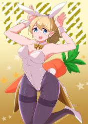 Rule 34 | 1girl, animal ears, black pantyhose, blonde hair, blue eyes, bow, bowtie, breasts, carrot, commentary request, detached collar, fake animal ears, gradient background, high heels, highres, intrepid (kancolle), kantai collection, leotard, looking at viewer, medium breasts, mori tarou, pantyhose, playboy bunny, ponytail, rabbit ears, rabbit pose, rabbit tail, short hair, smile, solo, strapless, strapless leotard, tail, thighband pantyhose, white footwear, white leotard, wrist cuffs, yellow bow, yellow bowtie