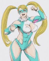 Rule 34 | 1girl, armpits, blue eyes, breasts, capcom, cleavage, cleavage cutout, clenched hands, clothing cutout, covered erect nipples, covered navel, eye mask, fingernails, frills, grey background, hatching (texture), heart, heart cutout, highres, long hair, mask, open mouth, rainbow mika, shiny skin, shoulder cutout, signature, simple background, solo, star (symbol), street fighter, teeth, tobita nikiichi, toned, tongue, twintails, wrestling outfit
