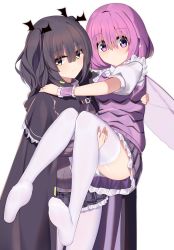 Rule 34 | 2girls, black hair, blush, carrying, ddt (darktrident), feet, green hair, highres, insect wings, long hair, looking at viewer, multiple girls, no shoes, original, panties, personification, pink eyes, pink hair, plaid, plaid skirt, princess carry, puffy sleeves, roach (ddt (darktrident)), short hair, skirt, soles, starcraft, thighhighs, two side up, underwear, white legwear, wings, zergling (ddt (darktrident))