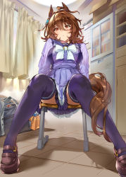 Rule 34 | 1girl, :o, ?, absurdres, agnes tachyon (umamusume), ahoge, animal ears, bag, bow, bowtie, box, breasts, brown footwear, cabinet, calendar (medium), cardboard box, chair, curtains, duffel bag, earrings, hair between eyes, highres, horse ears, horse girl, horse tail, indoors, jewelry, looking at viewer, mary janes, medium breasts, medium hair, orange hair, parted lips, pleated skirt, purple shirt, purple skirt, purple thighhighs, school uniform, shadow, shirt, shoes, signature, single earring, sitting, skirt, solo, tail, thighhighs, tile floor, tiles, tracen school uniform, umamusume, white bow, white bowtie, window, yanyo (ogino atsuki)