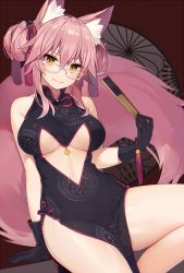 Rule 34 | 1girl, animal ears, bare shoulders, bell, black dress, black gloves, blush, breasts, center opening, china dress, chinese clothes, closed mouth, dress, fate/grand order, fate (series), folded fan, folding fan, fox ears, fox tail, glasses, gloves, hair between eyes, hand fan, hip focus, jingle bell, koyanskaya (fate), large breasts, long hair, looking at viewer, muryotaro, pink hair, sitting, smile, solo, tail, tamamo (fate), tassel, thighs, yellow eyes