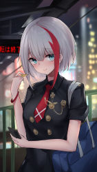 Rule 34 | 1girl, admiral graf spee (azur lane), admiral graf spee (girl&#039;s sunday) (azur lane), admiral graf spee (girl&#039;s sunday) (azur lane), azur lane, bag, black dress, blue eyes, blurry, collared dress, commentary request, depth of field, dress, hand up, highres, looking at viewer, multicolored hair, necktie, night, osisio, outdoors, railing, school bag, short hair, short necktie, short sleeves, silver hair, smile, solo, streaked hair, upper body