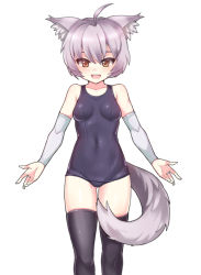 Rule 34 | 1girl, ahoge, animal ears, bad id, bad pixiv id, black thighhighs, blush, breasts, brown eyes, one-piece swimsuit, open mouth, original, school swimsuit, serin199, short hair, silver hair, simple background, small breasts, smile, solo, swimsuit, tail, thighhighs, white background, wolf ears, wolf tail