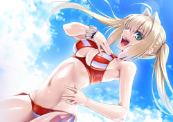 Rule 34 | 1girl, ahoge, bikini, blonde hair, breasts, cameltoe, cleavage, fate/grand order, fate (series), green eyes, hair intakes, imada kozue, looking at viewer, nero claudius (fate), nero claudius (fate), nero claudius (fate/extra), open mouth, small breasts, smile, solo, swimsuit