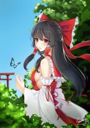 Rule 34 | 1girl, ascot, bare shoulders, black hair, blue sky, blurry, blush, breasts, bug, butterfly, dated, day, detached sleeves, from side, hair ribbon, hair tubes, hakurei reimu, highres, bug, japanese clothes, long hair, long sleeves, looking at viewer, looking back, medium breasts, miko, open mouth, outdoors, pomie de sunny, red eyes, ribbon, shirt, sideboob, signature, skirt, sky, solo, torii, touhou, wide sleeves