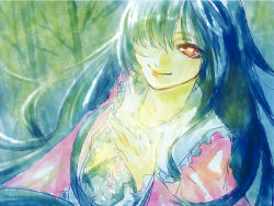 1girl astatine black_hair female_focus hair_over_one_eye houraisan_kaguya own_hands_together red_eyes smile solo touhou