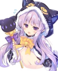 Rule 34 | 1girl, alternate costume, alternate hairstyle, animal ears, animal hood, bell, blush, commentary request, cropped torso, fake animal ears, highres, hood, kyouka (halloween) (princess connect!), kyouka (princess connect!), long hair, looking at viewer, nanamomo rio, navel, open mouth, pointy ears, princess connect!, purple eyes, purple hair, ribbon, simple background, solo, staff, very long hair, white background