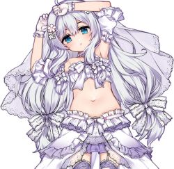 Rule 34 | 1girl, armpits, arms up, bad id, bad pixiv id, bare shoulders, blue eyes, blush, bow, center frills, commentary request, crop top, detached sleeves, frills, garter straps, gloves, hair between eyes, hair bow, long hair, looking at viewer, navel, parted lips, pleated skirt, puffy short sleeves, puffy sleeves, purple skirt, short sleeves, silver hair, simple background, skirt, solo, soulworker, stella unibell, strapless, tama (tamatamo), thighhighs, very long hair, white background, white bow, white gloves, white thighhighs