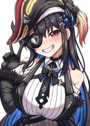 Rule 34 | 1girl, arrow through heart, asymmetrical horns, black dress, black gloves, black hair, black hat, black necktie, blue hair, blush, breasts, clothing cutout, collared shirt, colored inner hair, cosplay, demon horns, dress, eyepatch, gloves, hat, highres, hololive, hololive english, horns, houshou marine, houshou marine (1st costume), houshou marine (cosplay), kina (akina736), large breasts, long hair, looking at viewer, multicolored hair, necktie, nerissa ravencroft, one eye closed, pirate hat, red eyes, shirt, shoulder cutout, smile, solo, v, virtual youtuber