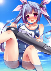 Rule 34 | 10s, 1girl, bad id, bad pixiv id, blue hair, blush, breasts, cameltoe, cleavage, fang, hair ornament, hair ribbon, heart, heart-shaped pupils, i-19 (kancolle), kantai collection, large breasts, long hair, name tag, neon ui, one-piece swimsuit, open mouth, personification, red eyes, ribbon, school swimsuit, sitting, smile, solo, sun, sunlight, swimsuit, symbol-shaped pupils, torpedo, twintails, water