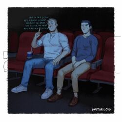 Rule 34 | 2boys, artist name, black background, black eyes, black hair, blue shirt, brown footwear, brown hair, brown pants, chair, closed mouth, commentary, contemporary, cup, disposable cup, dungeon meshi, english commentary, english text, full body, hand up, highres, index finger raised, indoors, laios touden, light brown hair, lokh, long hair, long sleeves, male focus, movie theater, multiple boys, open mouth, pants, ponytail, shirt, short hair, shurou, sitting, twitter username, very short hair