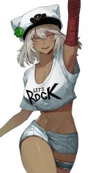Rule 34 | 1girl, absurdres, arm up, arm wrap, armpits, breasts, carol0905, cleavage, clothes writing, clover, collarbone, crop top, dark-skinned female, dark skin, feet out of frame, grin, guilty gear, guilty gear strive x tower records, hair between eyes, hat, highres, large breasts, medium hair, midriff, navel, official alternate costume, open mouth, orange eyes, ramlethal valentine, short sleeves, shorts, simple background, smile, solo, standing, teeth, thighs, upper teeth only, white background, white hair, white hat