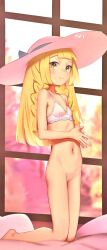 Rule 34 | 1girl, absurdres, bare arms, bare hips, bare legs, bare shoulders, barefoot, blonde hair, blue ribbon, blurry, blurry background, bra, braid, braided bangs, cleft of venus, creatures (company), game freak, green eyes, hat, highres, kneeling, kneeling female, large hat, lillie (pokemon), long hair, looking at viewer, nervous, nintendo, no panties, nude filter, on bed, pokemon, pokemon sm, pussy, ribbon, shamonabe, stomach, sweatdrop, thighs, third-party edit, uncensored, underwear, white bra