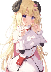 Rule 34 | 1girl, :3, ahoge, animal ears, arm garter, bag, blonde hair, blush, bow, breasts, brooch, cape, cheek squash, closed mouth, commentary, cowboy shot, detached sleeves, dress, eyelashes, fur-trimmed collar, fur-trimmed dress, fur trim, hair ornament, hairclip, handbag, highres, hololive, horns, index finger raised, jewelry, keis (locrian1357), light, long hair, looking at viewer, medium breasts, pink cape, purple eyes, red bow, ribbed sleeves, sheep ears, sheep horns, simple background, smile, solo, tsunomaki watame, tsunomaki watame (1st costume), very long hair, virtual youtuber, white background, white dress