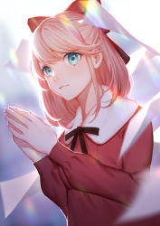 Rule 34 | 1girl, bad id, bad pixiv id, blue eyes, bow, closed mouth, hair bow, half updo, hands up, large bow, lips, long sleeves, original, own hands together, pink hair, red bow, sidelocks, smock, solo, sougishi ego, swept bangs, upper body