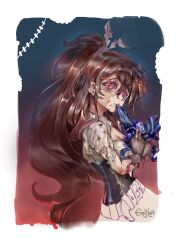 Rule 34 | 1girl, absurdres, black corset, blood, blood on arm, blood on face, blue bow, bow, breasts, brown eyes, brown hair, cleavage, commentary, corset, crying, crying with eyes open, empikuro, english commentary, from side, hair behind ear, head tilt, highres, holding, holding bow (ornament), hololive, hololive english, long hair, looking at viewer, medium breasts, nanashi mumei, patchwork skin, solo, stitched face, stitches, tears, very long hair, virtual youtuber, zombie, zombification
