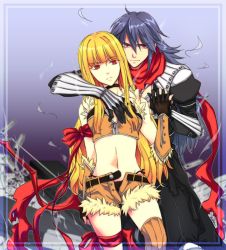 Rule 34 | 1boy, 1girl, arm around neck, armband, armor, assassin cross (ragnarok online), bio lab, black cape, black gloves, black pants, black shirt, blonde hair, blue hair, blunt bangs, bow (weapon), breasts, brown shirt, brown shorts, cape, cecil damon, closed mouth, colorized, commentary request, crop top, eremes guile, feet out of frame, fingerless gloves, fur-trimmed gloves, fur-trimmed shirt, fur-trimmed shorts, fur trim, gloves, hair between eyes, hime cut, holding, holding bow (weapon), holding weapon, interlocked fingers, kuzuki (ray), long hair, looking at viewer, medium breasts, midriff, navel, open clothes, open shirt, pants, pauldrons, ragnarok online, red eyes, red scarf, scarf, shirt, short shorts, shorts, shoulder armor, sleeveless, sleeveless shirt, smile, sniper (ragnarok online), torn cape, torn clothes, torn scarf, two-tone gloves, two-tone shirt, vambraces, waist cape, weapon, yellow gloves, zum