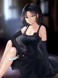 Rule 34 | 1girl, baccano!, black dress, black flower, black gloves, black hair, blurry, blurry background, breasts, chane laforet, cleavage, closed mouth, collarbone, dress, elbow gloves, flower, gigamessy, gloves, hair intakes, long hair, looking at viewer, medium breasts, medium dress, sitting, sleeveless, sleeveless dress, solo, yellow eyes