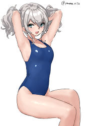 Rule 34 | armpits, blue one-piece swimsuit, blush, breasts, cleavage, collarbone, hair between eyes, highres, kantai collection, kashima (kancolle), looking at viewer, medium breasts, one-piece swimsuit, open mouth, simple background, sitting, swimsuit, twintails, twitter username, white background, yamano rita